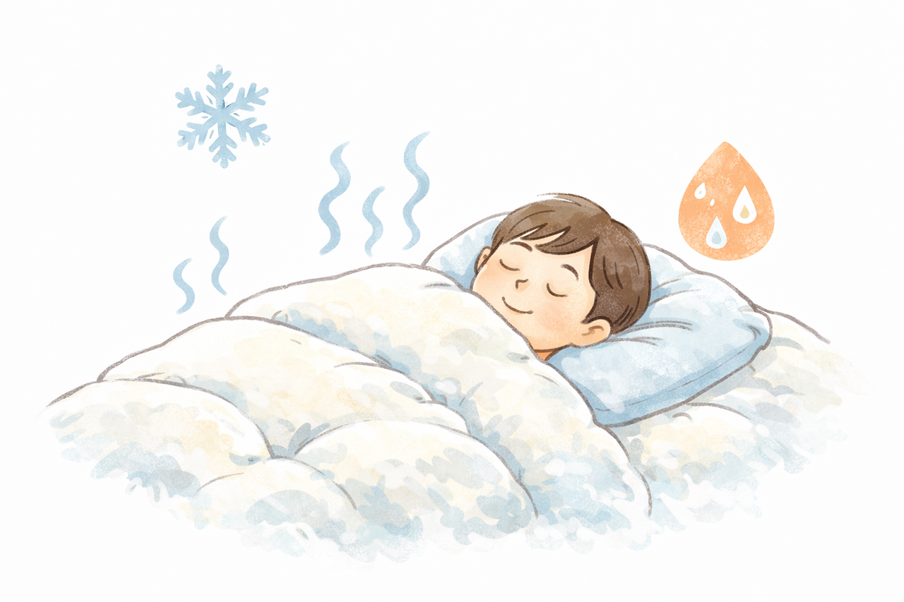 羊毛掛布団で眠る様子。寒さを防ぎながら湿気を逃すイメージ